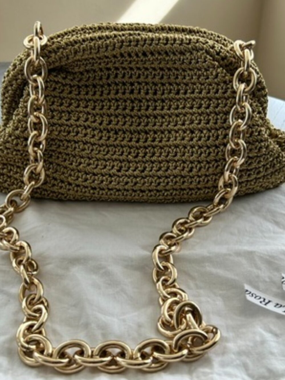Maria La Rosa Metallic Gold Crochet Woven Chain Clutch Bag